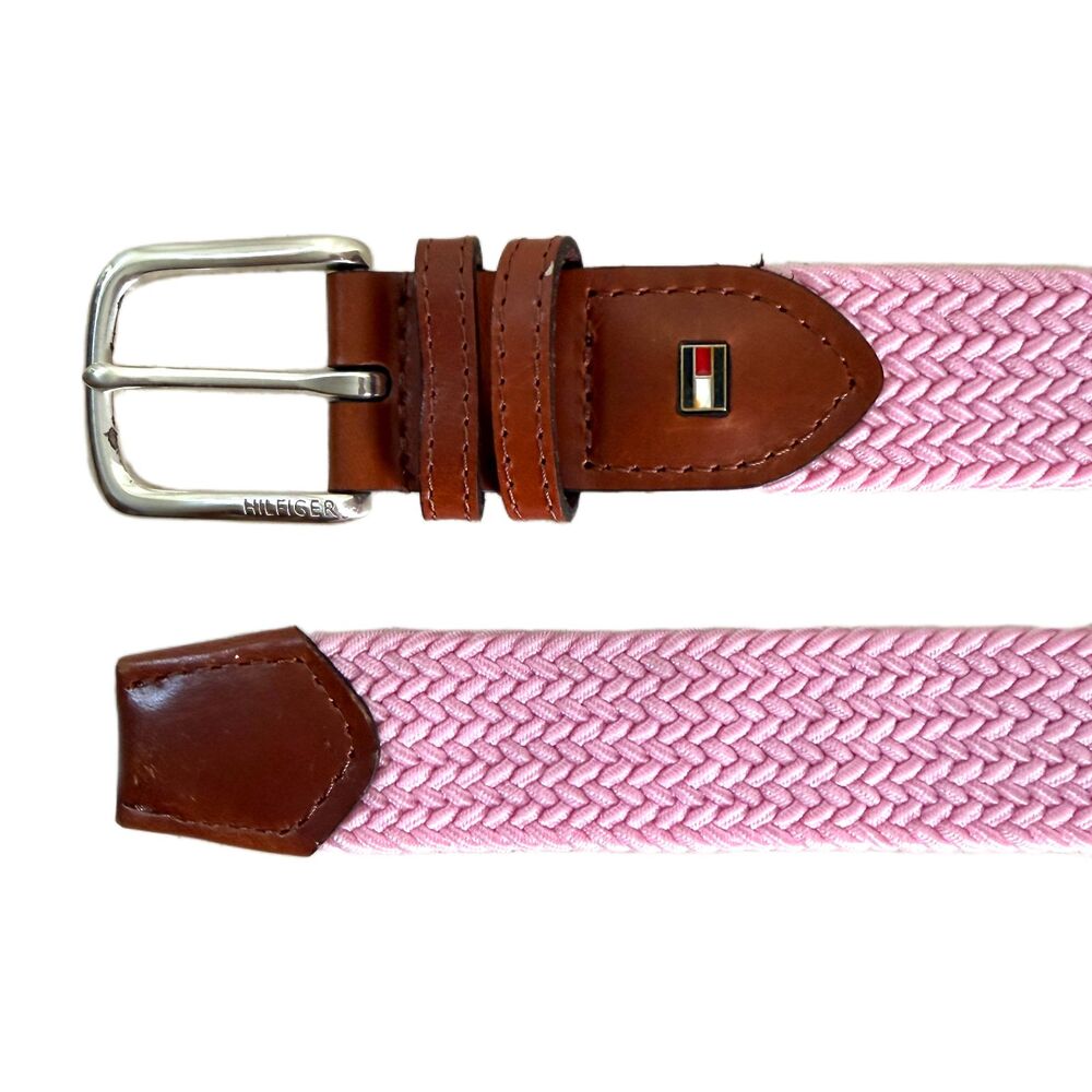 Tommy Hilfiger Golf Belt Mens M 36 38 Pink Stretch Webbing Brown Leather Ends - Picture 3 of 6